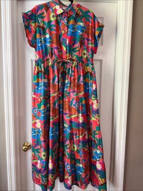 Tropical Print Button-Front Midi Dress in Pink & Blue